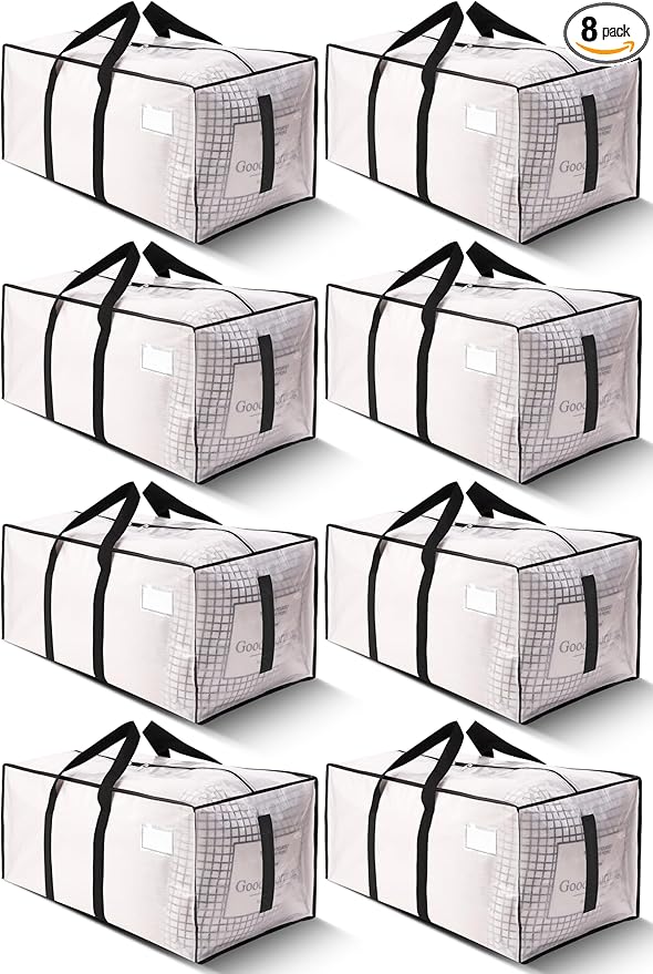 HOMESURE Supports 200lbs Heavy Duty Moving Bags - Strong Zipper & Wrap-Around Handles - Water-Resistant Storage Totes, Durable Alternative to Moving Boxes - 8 Pack - Semi-Transparent
