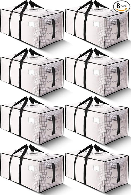 HOMESURE Supports 200lbs Heavy Duty Moving Bags - Strong Zipper & Wrap-Around Handles - Water-Resistant Storage Totes, Durable Alternative to Moving Boxes - 8 Pack - Semi-Transparent