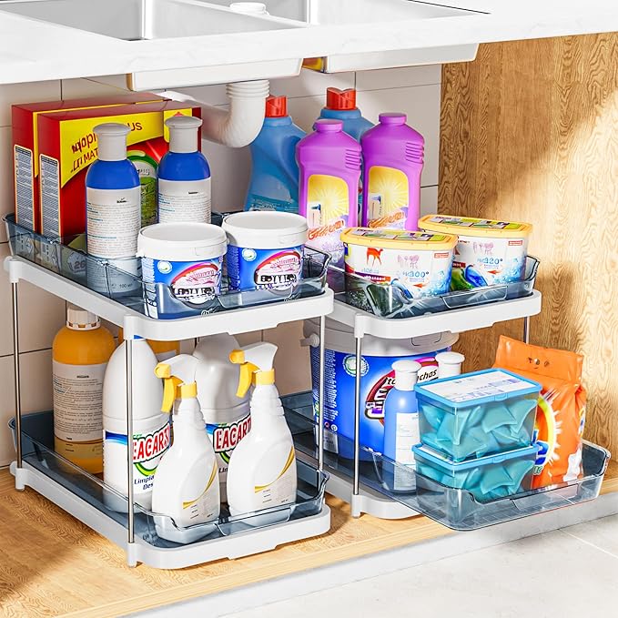 Delamu 2-Tier Multi-Purpose Bathroom Under Sink Organizers and Storage, Stackable Kitchen Pantry Organization, Pull Out Medicine Cabinet Organizer with Movable Dividers, Blue, 2 Pack