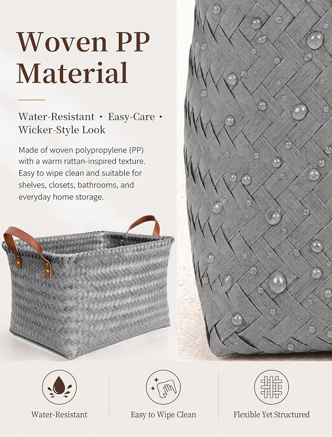 Wicker Storage Baskets, 4 Pack Woven Baskets for Shelves, Grey | PP Rattan, Water-resistant Wicker Basket, Large Baskets with Faux Leather Handles for Blanket, Laundry Organizer, Room Decor