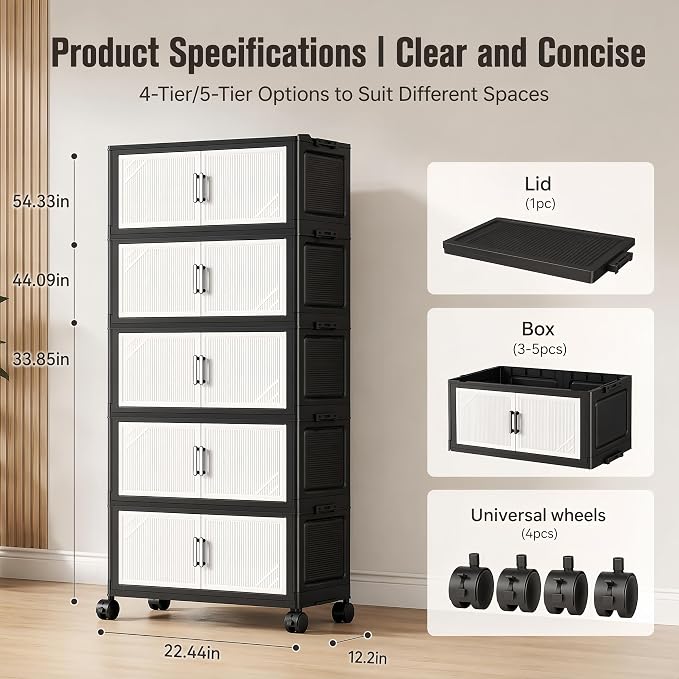 3 Tier Foldable Storage Cabinet with Wheels and Magnetic Doors | Premium PP Material Large Storage Organizer, Space-Saving Utility Storage for Home, Apartments, Dorm, Office, Rv
