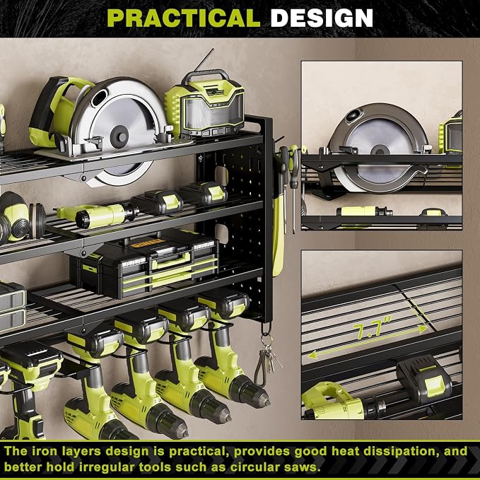NattyDot Power Tool Drill Holder Wall Mount, 4Tier Garage Organizer, Black | 4-tier Utility Rack Stores 8 Cordless Drills, Batteries and Accessories while Freeing Extra Garage Wall Storage Space