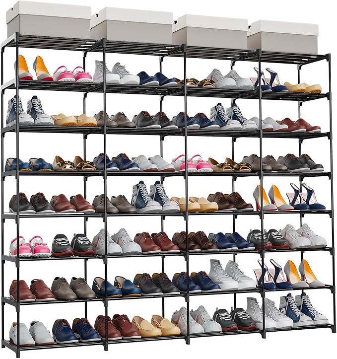 SMILHELTD Large Shoe Rack 4 Row 8 Tier for Entryway Holds 64 Pairs | Metal & Plastic Sneaker Shelves, DIY Assembly, Space Saving Storage Organizer for Garage Closet, 66.1"W x 49.2"H