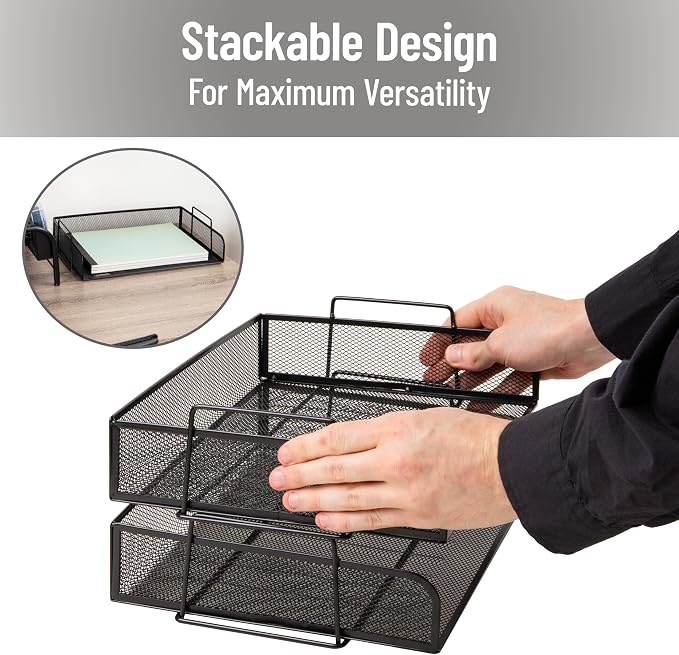 Mind Reader Stackable Paper Tray, Desktop Organizer, File Storage, Office, Metal Mesh, 2 Pcs., Black