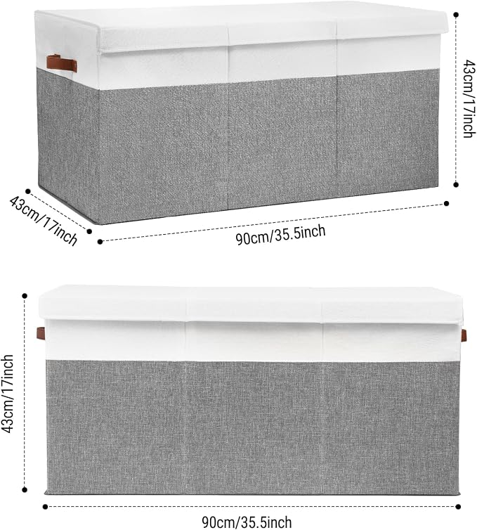 Extra Large Toy Storage Box with Lid,Toy Chest Bin Basket with Dividers | Sturdy Toy Organizer Bin for Kids, Boys, Girls, Nursery, Closet, Bedroom, Playroom 35.5"x17" x17"(Grey and White)
