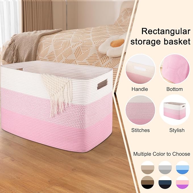OIAHOMY 108L Super Large Blanket Basket For Living Room, 25”x16”x16” Rectangle Woven Baskets For Storage, Toy Storage with Handle - Pink&White