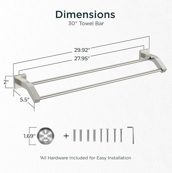 FORIOUS Double Towel Bar 30", Bathroom Towel Rack Square Brushed Nickel | Heavy Duty Towel Racks for Bathroom Bedroom, Space Saving, Rustproof, Stainless Steel Towel Holder, Total Length 32 Inch