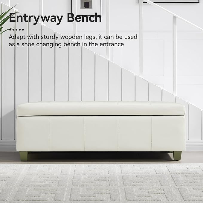 WUTUTUEE 51" Faux Leather Storage Ottoman, Stitch Tufted Rectangle Upholstered End of Bed Storage Bench, Entryway Large Couch Ottoman with Wooden Legs,White