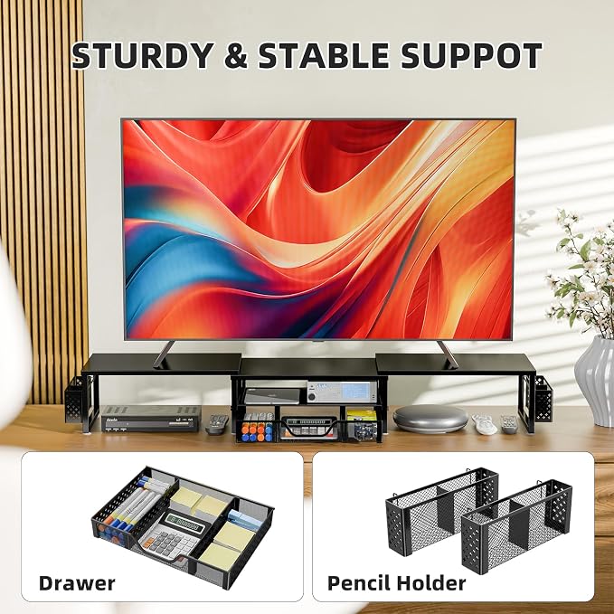 Simple Trending Dual Monitor Stand with Drawer and 2 Pen Holders, Black | 42"L x 9.5"W x 4.75"H. Sturdy metal. Fits 2 monitors. Reduces neck strain. Drawer + 2 pen holders. Easy assembly. 24h support
