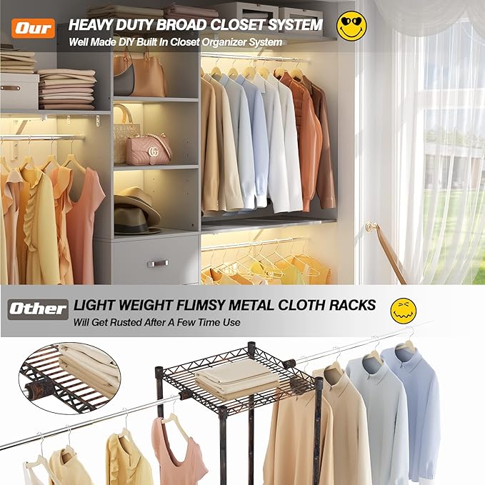 Armocity 96" Wood Closet System with 3 Enclosed Drawers & 3 Solid Shelves, 8FT Adjustable Closet Organizers and Storage, Heavy Duty Modular Wardrobe for Reach-In & Walk-In, 1000 LBS Load, Grey