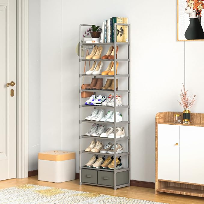 Shoe Rack Sturdy Metal 10 Tier Shoes Rack Organizer + 2Boxes 1Hook | Narrow Space Saving Shoe Storage Shelf for Closets, Tall Shoe Stand for Entryway, Living Room