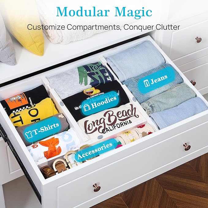 Vtopmart Drawer Dividers for Clothes 8 Pack, Adjustable 4" High Expandable from 11.3"-17" Dresser Drawer Organizer, Plastic Drawers Separators for Dresser, Baby Clothes, Kitchen and Office Storage