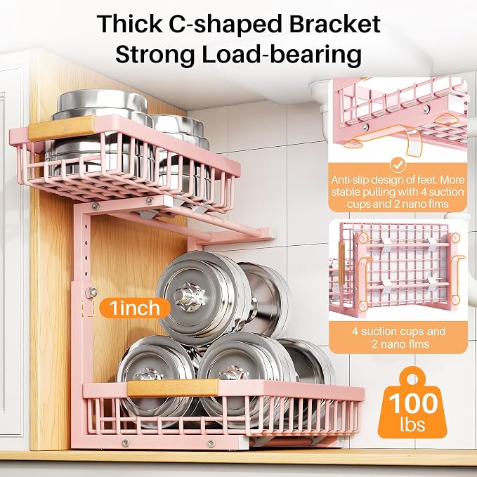 PXRACK Under Sink Organizer, Adjustable Height, 2 Tier Pull Out Under Cabinet Organizer, Slide Out Thickened Metal Under Sink Storage for Kitchen Bathroom Laundry Pantry Cabinet, Pink, Large-2-Pack