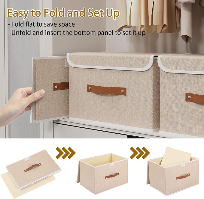 Yawinhe Fabric Storage Boxes with Lids,Beige,15.0x9.8x9.8in,5-Pack | Container with Leather Handle,Washable Storage Basket, Clothes Blanket Bin,Collapsible Closet Organizer for Bedroom