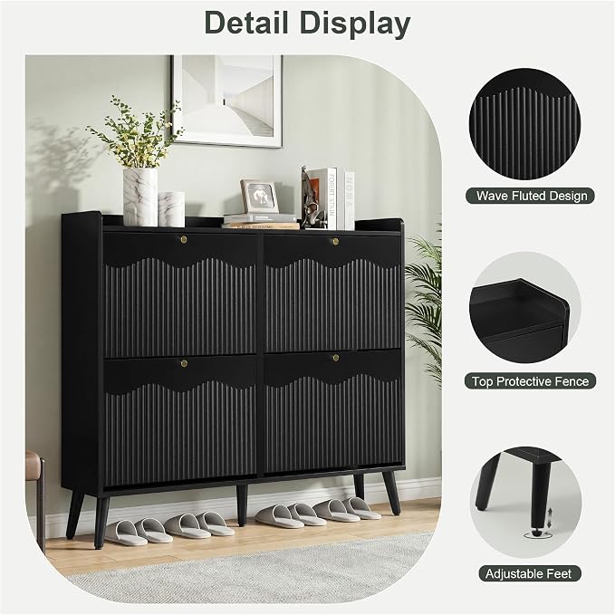 BERRYMERRY Black 47.2” Shoe Storage Cabinet with 4 Flip Drawers | narrow,entryway,adjustable feet,32 pairs shoe,shoe organize,hidden shoe rack,fluted panel,wave pattern,wood,space saving