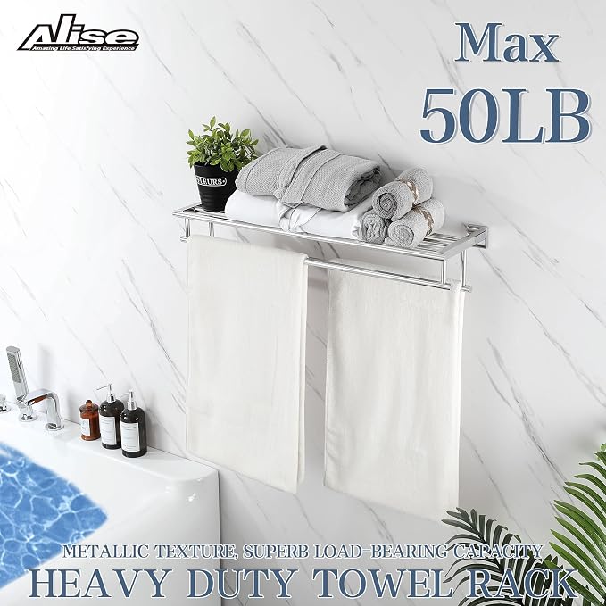 Alise 28 Inch Double Towel Rack for Bathroom Wall Mounted,Polished Chrome | Bathroom Tower Holder Towel Shelf with Double Towel Bars,SUS304 Stainless Steel Towel Rack with Shelf