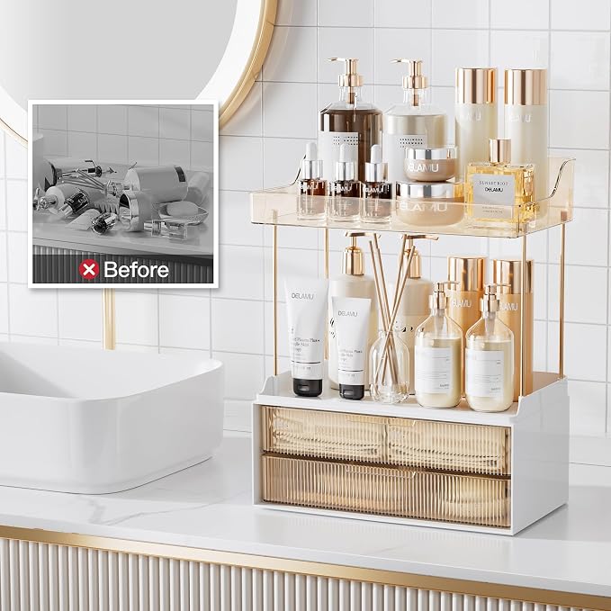 Delamu Bathroom Organizers and Storage, 2 Tier 2 Drawer Makeup Organizer Countertop, Easy to Install, Ideal for Bathroom Counter, Vanity, Ideal Gifts for Women Girls, Amber