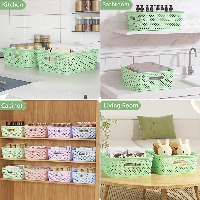 MaxGear 3 Pack Plastic Storage Baskets, Large, Green | Durable Woven Plastic with Built-In Handles, Suitable for Shelves, Closets, Cabinets, Bathrooms and Offices