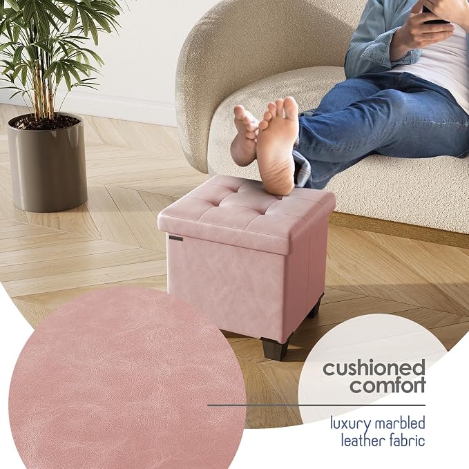 Storage Ottoman Cube with Small Bin, 15-in Square Ottoman with Storage for Living Room and Bedroom, Small Ottomans Foot Rest, Leather Foot Stools Ottomans Max 330lbs, Pink