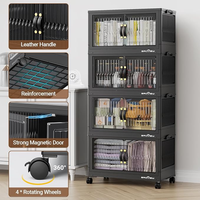 BROVIEW 300 Qt Stackable Storage Bins with Lid, Plastic Closet Organizers and Storage Drawer, Collapsible Storage Box with Wheels, Folding Storage Cabinet for Closet Clothes Organization, 5Pack Black