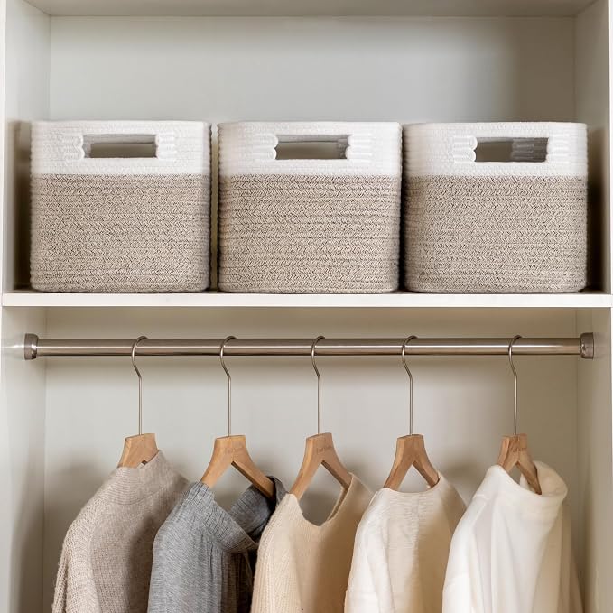 4 Pack Storage Baskets for Organizing, Shelf Baskets with Handles, White&Light Brown