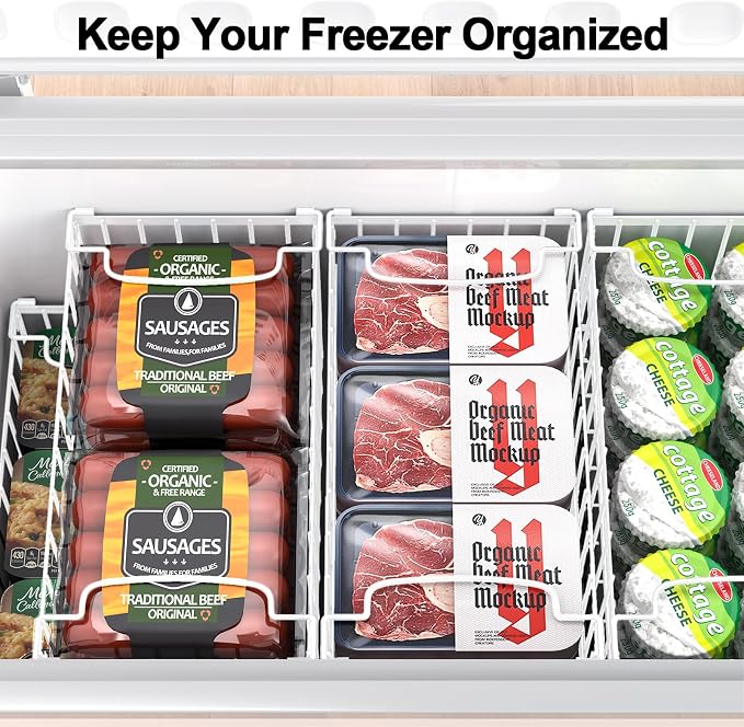MSERCUOR Freezer Organizer Bins, 4 Pack Stackable Deep Chest Freezer Organizer Bins, Foldable Baskets with Handles, White Storage Container Baskets for 5/ 7 Cu.FT Sort Frezen Meats