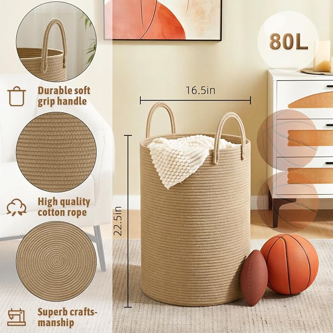 Artfeel Laundry Basket,Woven Cotton Rope Laundry Hamper,80L for Decorative Storage of Dirty Clothes,Toys and Blankets in Bathroom,Baby Room and Living Room