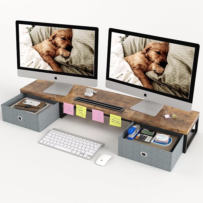39 Inch Dual Monitor Stand Riser with 2 Drawers - Large Brown Wooden Computer Stand for 2 Monitors, Ergonomic Desk Organizer with Phone Holder, Desktop Storage for Laptop, Office Supplies, Home Office