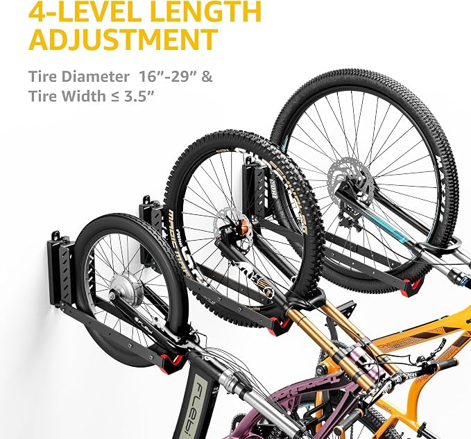 monTEK No-Lift Swivel Bike Wall Mount, Bike Hangers for Garage, 4 Pack | Space-saving bike storage rack pivots 120°; 4 settings fit 16-29 in wheels and tires up to 3.54 in wide; holds 77 lb each