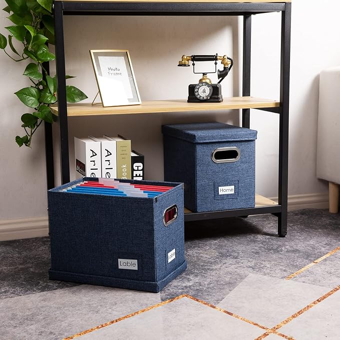 File Organizer Box - Set of 2 Collapsible Decorative Linen Filing Storage Hanging File Folders with Lids Office Cabinet Letter Size Navy Blue (14x9.3x10.8 inch)
