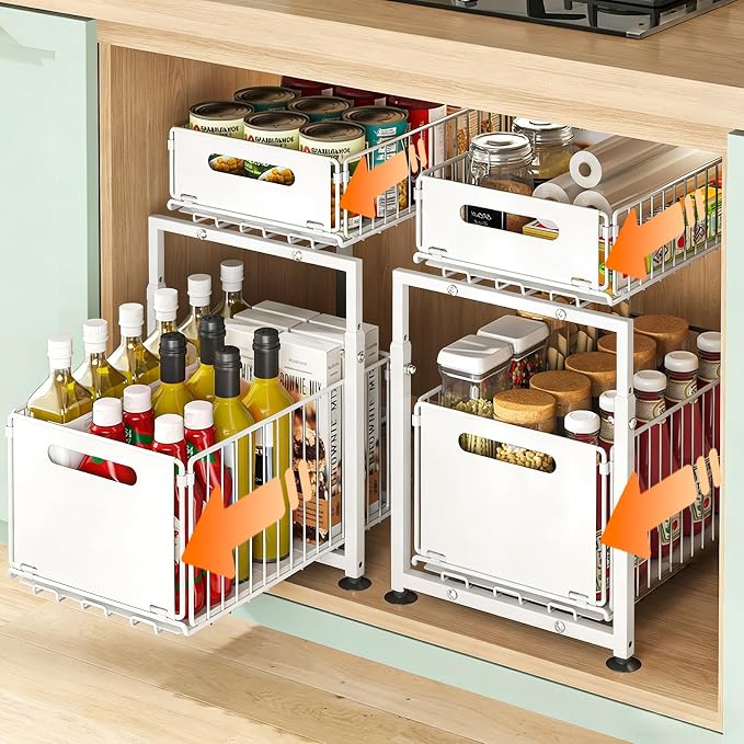 Under Sink Organizer, 2-Tier Multi-Use Kitchen and Bathroom Organizers and Storage, Slide Out Thickened Metal Under The Sink Organizer for Kitchen Bathroom Pantry (Style A White, 2 Pack)