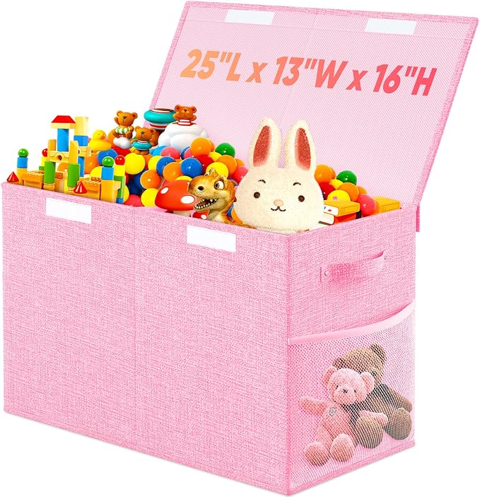 Large Toy Storage Box with Lid & Dividers, Collapsible Kids Toy Chest, Pink | Toy Box for Boys, Girls, Nursery, Bedroom, Living Room, Playroom, 25 x 13 x 16 inches