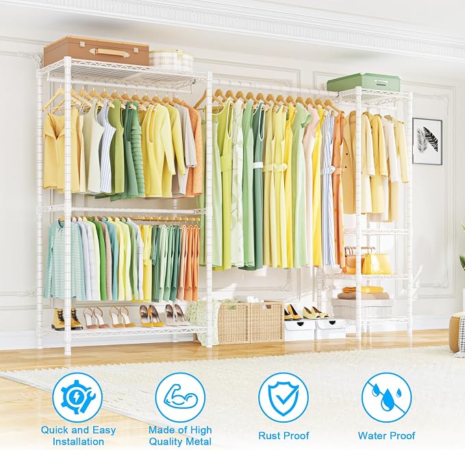Ulif E10 Clothes Rack（With Stretchable Hanger Rod）Freestanding Clothing Racks for Hanging Clothes，Adjustable Closet Organizer System，Portable Garment Rack 73-97"W x 15" D x 72" H，Max Load 800LBS，White