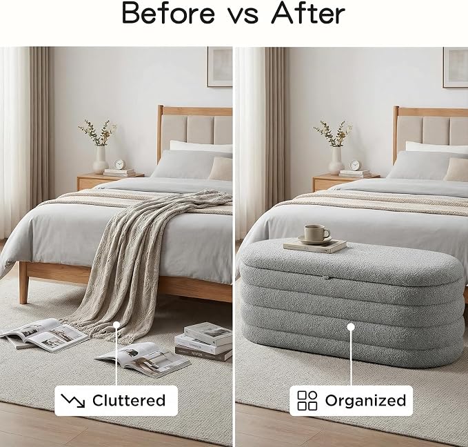 Storage Ottoman Bench, 45'' Upholstered Boucle Ottoman with Storage, Aesthetic Bedroom Bench for Living Room Entryway, Grey