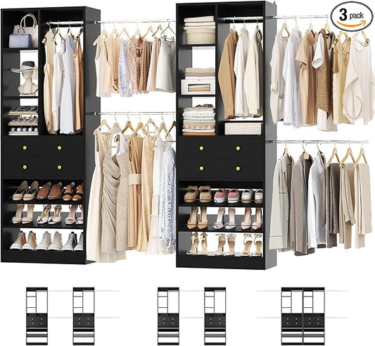 Besiost Closet System, Up to 134"/11.2 FT Closet Organizer with 4 Wooden Drawers and Shelves, Walk-in Closet System with 6 Hanging Rods, Built-in Closet Can Fit 96"/8FT, 120"/10FT, Black Set 2
