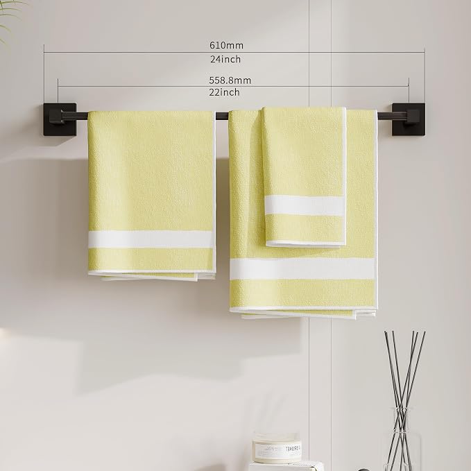 RUACQ Towel Bar 22" Towel Racks for Bathroom Wall Mounted, Matte Black | Total Length 24 Inch Single Towel Rod, Bath Towel Holder, 304 Stainless Steel, Rustproof, Square Base, Heavy Duty, Modern