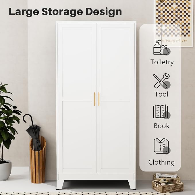 winiowa Metal Pantry Cabinet with 2 Doors and Adjustable Shelves - 71" Kitchen Storage Cabinet with Gold Handles - Versatile Storage for Kitchen, Bathroom, Dining Room, Utility Room - White