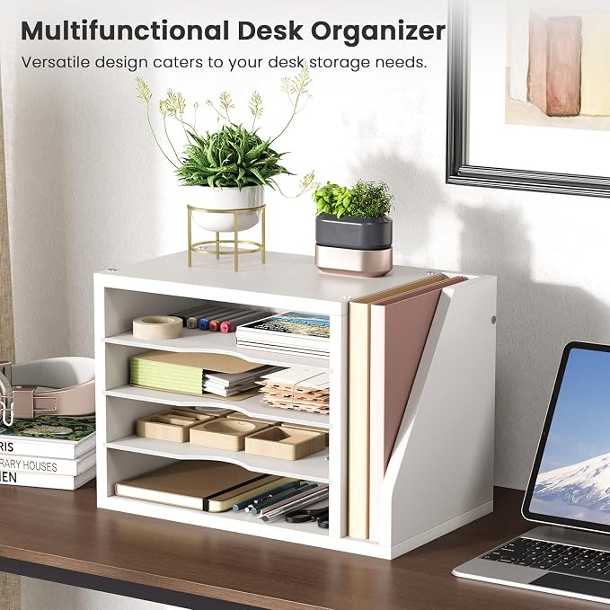 Creso hom Mail Sorter, File Organizer Desktop, Wood Desk Organizer with 3 Adjustable Shelves, Mail Holder for Office, Home, Letter Sorter File Holders for Envelopes, Mail Supplies Magazines, White | Mail Sorter, File Organizer Desktop, Mail Holder for ...
