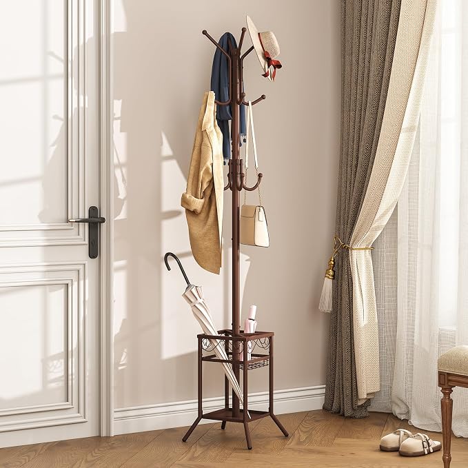 ELYKEN Coat Rack Freestanding, Metal Coat Rack with Umbrella Holder | 12 Hooks, Square Base, Heavy Duty Floor Standing Coat Tree for Entryway, Hallway, Living Room, Bedroom, Office, Brown