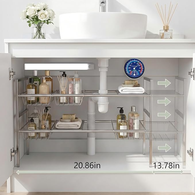 Under-Sink Organizer 2-Tier Expandable Cabinet Storage (5 panels 5baskets) | LED Motion-Sensing Auxiliary Lighting Dial Thermometer Stainless Steel Telescopic & Adjustable Rust-Resistant