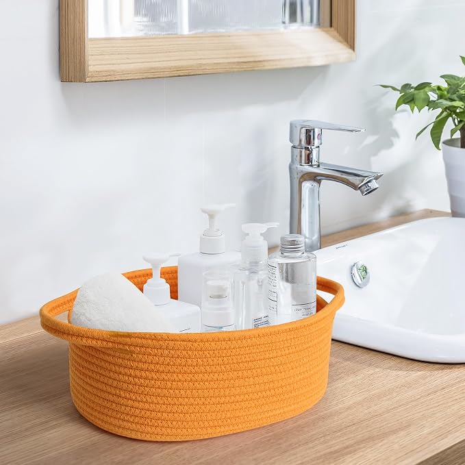 MEGASKET Orange Woven Basket, 13" x 9" x 5" Baskets for Gifts Empty, Cute Cotton Rope Cat Dog Toy Bin Box, Small Woven Bin for Shelves, Orange Room Decor, Nursery Baby Cloth Diaper Storage Organizer