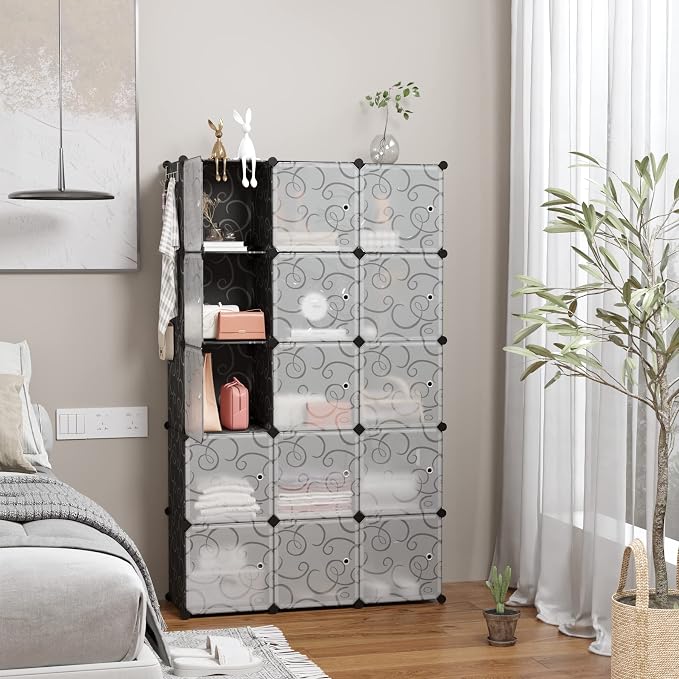 C&AHOME 16-Cube Storage Organizer with Door Platic Closet Organizer Black | Modular Bookshelf, Storage Shelving, Portable Shelves Organizing Units Ideal for Bedroom, Home 48.4" L × 12.4" W × 48.4" H