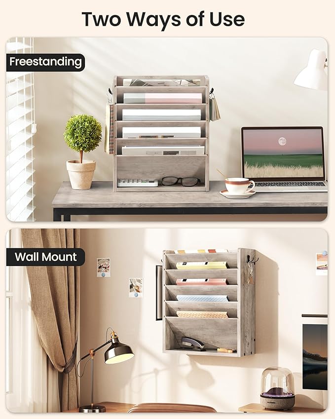 CHOEZON Wall File Organizer, 6-Tier Vertical Mount Hanging Holder with 2 Side Hooks, Modern Wooden Magazine Storage Holder with Bottom Tray, Desk Organizer, for Office, Home, Greige MWJ01FH