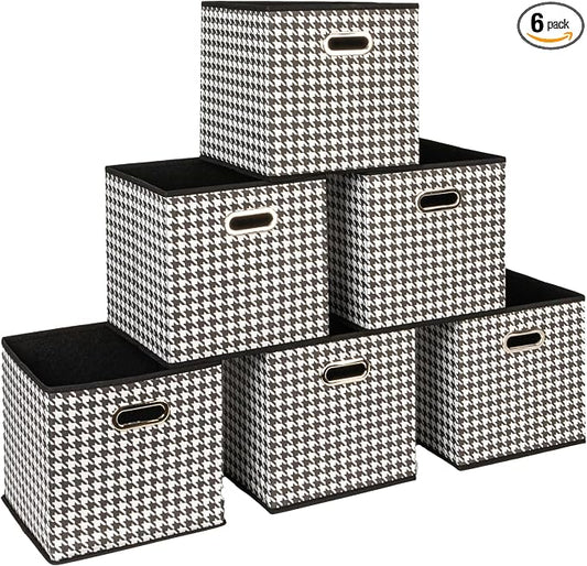 Household Essentials Foldable Fabric Storage Cubes 6-Pack – 11x11x11 Stackable Non-Woven Bins with Chipboard Sides & Grommet Handles – Closet, Shelf, Nursery, or Office Organizer – Houndstooth