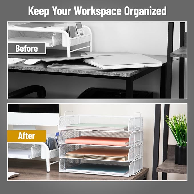 Mind Reader Stackable Paper Tray, Desktop Organizer, File Storage, Office, Metal Mesh, 4 Pcs., White