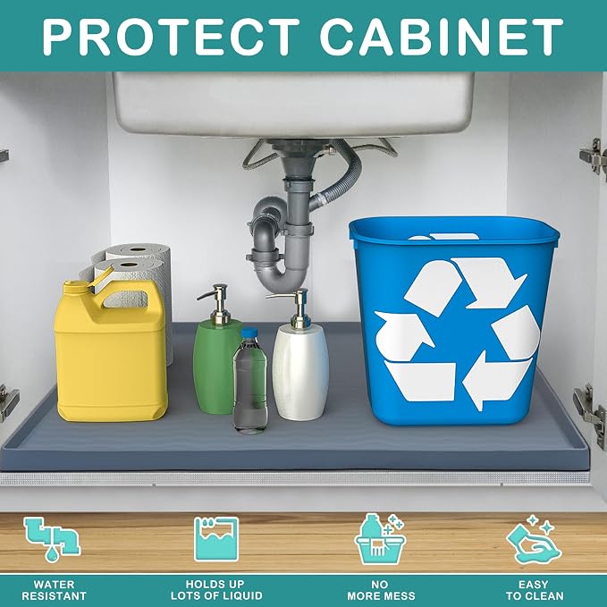 URMONA Waterproof Silicone Under Sink Mat 34'' x 19'' Shelf Liner for Kitchen and Bathroom, Cabinet and Counter Protector, Storage and Organizers, Litter Mat, Pet Cat Puppy Essentials(Black)