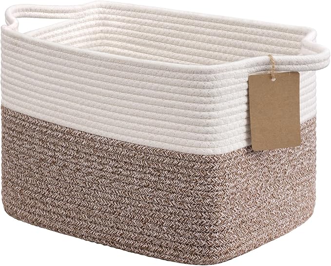 Goodpick Small Woven Storage Basket, Rectangle, Brown | 13 × 10 × 9 in, Cotton Rope, Reinforced Handles, Shelf Bedroom & Living Room Organization, Nursery Essentials & Home Decor