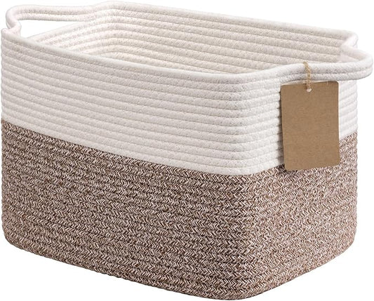 Goodpick Small Woven Storage Basket, Rectangle, Brown | 13 × 10 × 9 in, Cotton Rope, Reinforced Handles, Shelf Bedroom & Living Room Organization, Nursery Essentials & Home Decor