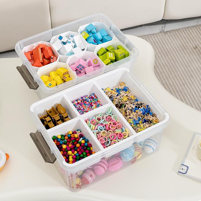 Citylife 17QT 2Packs Clear Craft Organizers and Storage Bins with Lids | Stackable Art Supply Organizer with Tray and 6 Inserts for Markers, Crayons, Pencils, Tools, Playdoh, Coloring Books
