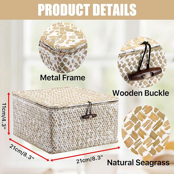 Hipiwe Handwoven Seagrass Basket with Lid Square Wicker Basket Storage Bin | Multipurpose Baskets Organizer Closet Storage Baskets Box Household Container for Home Decor, Small Whitewash